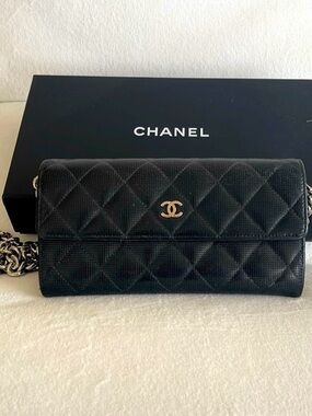 Rare Find! Authentic Chanel Quilted Wallet-on-Chain Shoulder Bag in Black